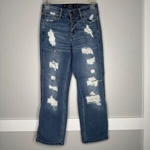 Hollister Mid-Rise Crop Boyfriend Jeans Women 00R Blue Distressed Stretch